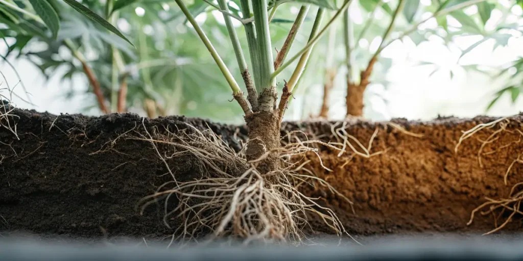 Cannabis plant roots exposed in a detailed soil cross-section.