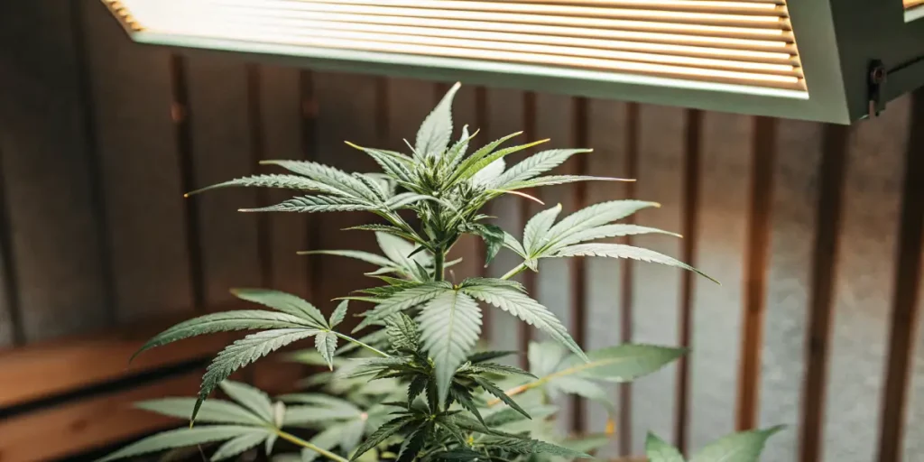 Cannabis plant developing under a grow light inside an indoor cultivation tent.