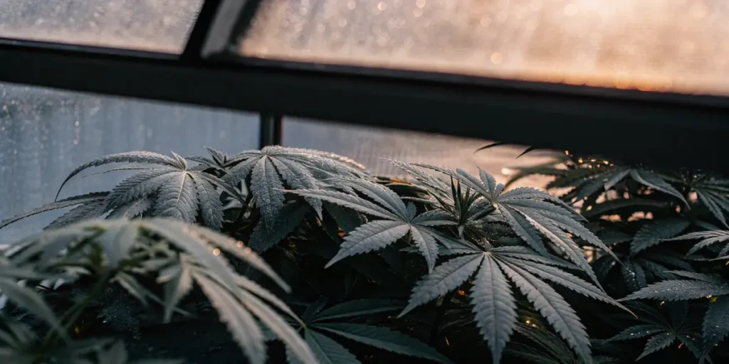 cannabis plants covered with dew inside a greenhouse
