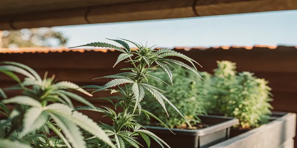 Cannabis plants growing in pots under a shaded outdoor setup.