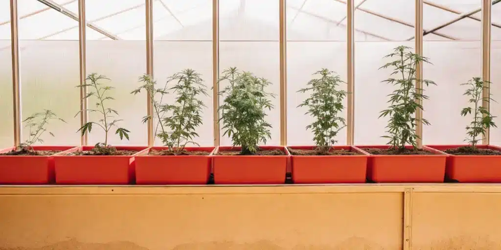 Cannabis plants in red pots growing in a greenhouse under natural sunlight.