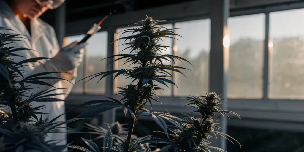 cannabis plant in laboratory with scientist conducting analysis under sunlight