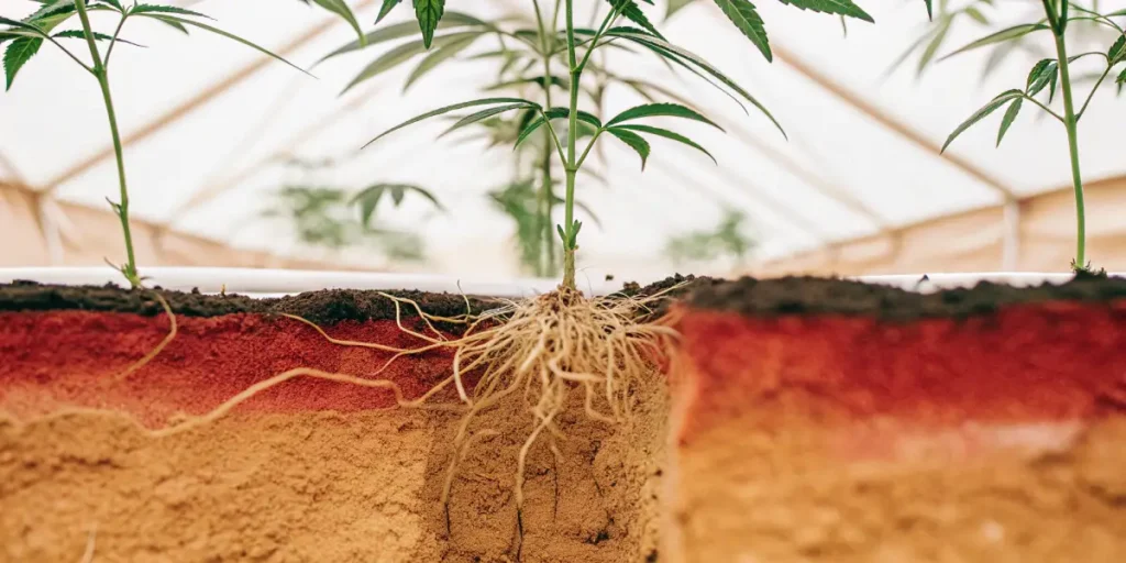 Cannabis plant with visible root system spreading through red and brown soil layers.