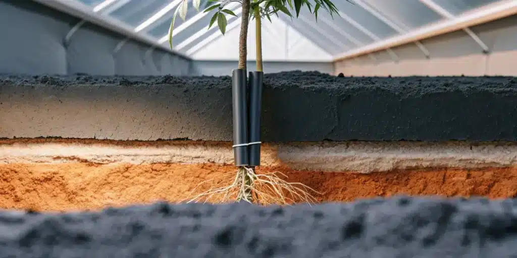 Cannabis root system extending through soil layers inside a greenhouse.