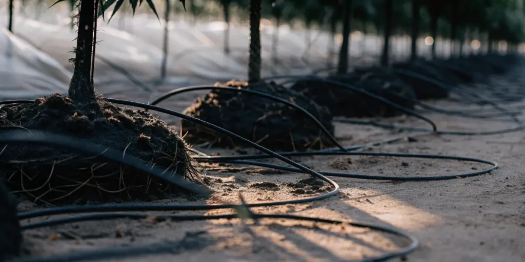 Cannabis roots and soil with drip irrigation lines under greenhouse lighting.