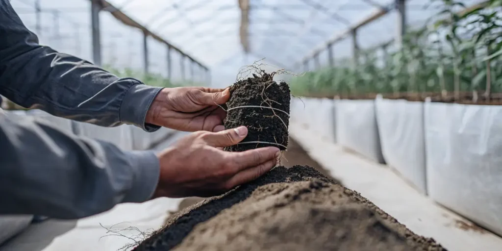 Close-up of a grower inspecting cannabis roots and soil in a greenhouse.