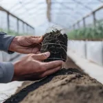 Close-up of a grower inspecting cannabis roots and soil in a greenhouse.