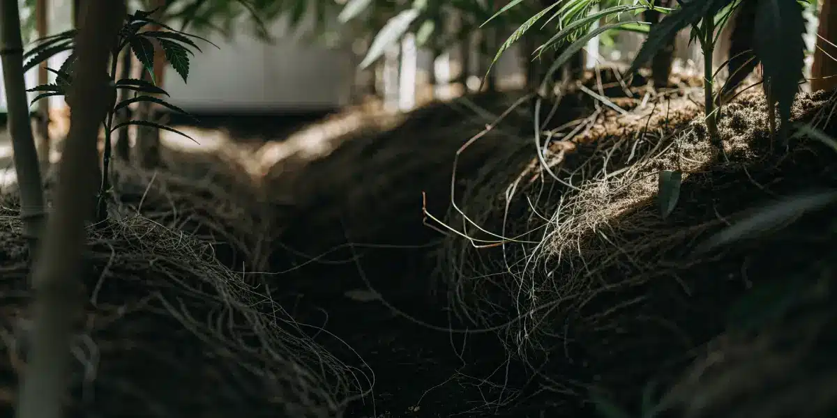 Close-up view of cannabis roots and soil structure in a greenhouse.