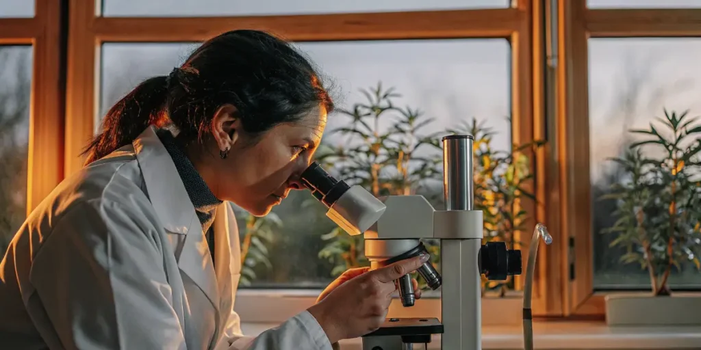 scientist examining cannabis sample under microscope near greenhouse window