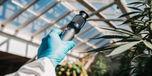 scientist holding refractometer near cannabis plant in greenhouse