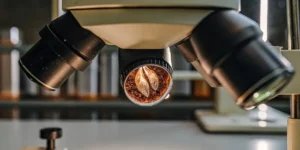 Cannabis seed cross-section under a laboratory microscope.