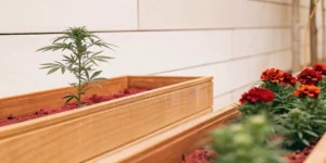Young cannabis plant growing beside marigold flowers in wooden planter boxes indoors.