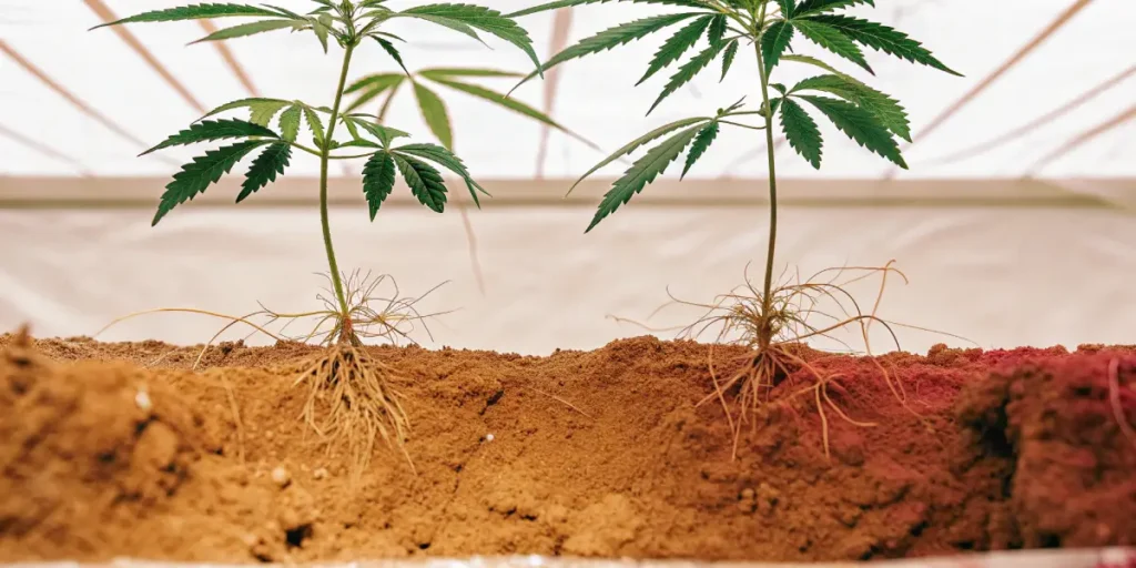 Cannabis seedlings with exposed roots growing in nutrient-rich soil.