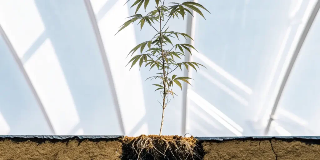 Young cannabis plant showing exposed roots growing in greenhouse soil.