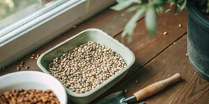 Close-up of cannabis seeds in trays on a wooden table near a window.