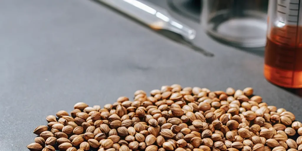 Pile of cannabis seeds on a laboratory table next to pipettes and glass containers.