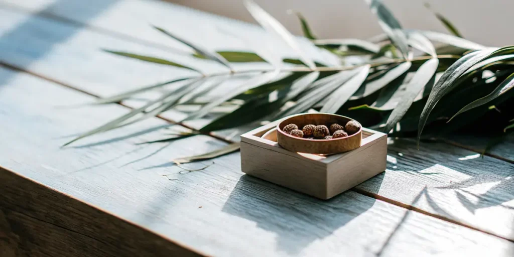 Cannabis seeds in a small wooden bowl on a table with green leaves.