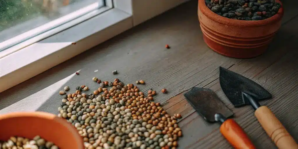 Cannabis seeds scattered on a table beside small gardening tools and a clay pot.
