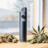 modern cannabis vaporizer surrounded by dried cannabis buds on wooden table