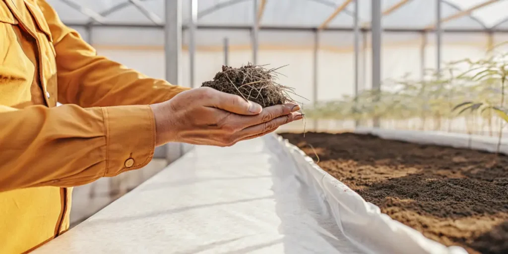 Hands holding cannabis soil to check texture and quality in a greenhouse.