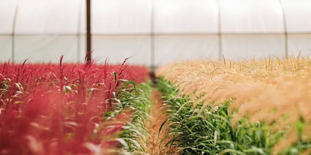 Rows of colorful cover crops growing densely inside a greenhouse.