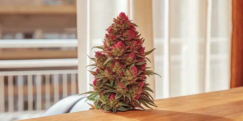 Compact Kush autoflower with dense red buds placed on a wooden table.
