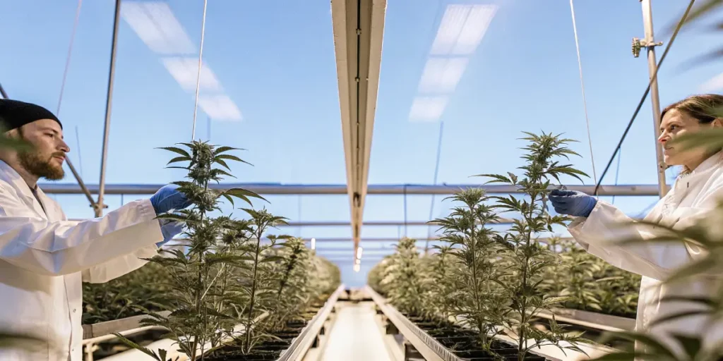 Chercheurs inspectant des plants de cannabis dans une serre moderne sous lumière LED.