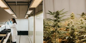Scientifique travaillant dans un laboratoire horticole avec des plants de cannabis en croissance.