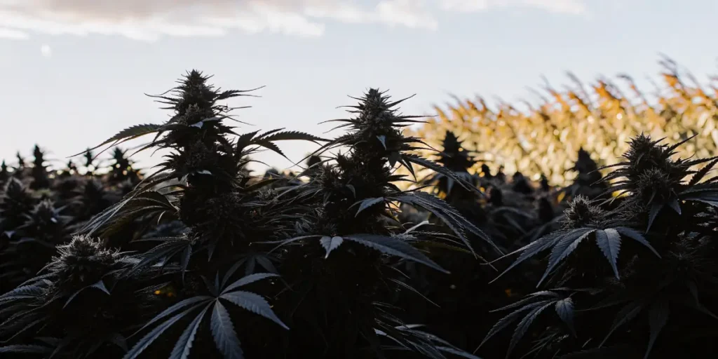 Dark cannabis plants in an outdoor field under evening sunlight.
