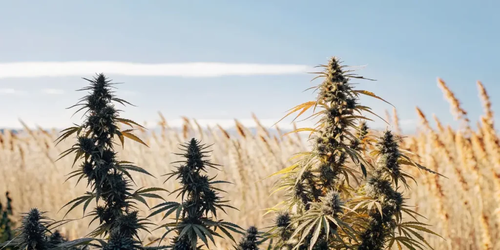 Mature Diesel Auto cannabis plants growing outdoors under blue sky.