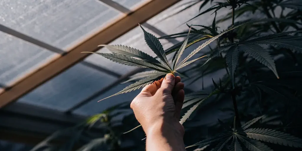 hand examining a cannabis leaf under sunlight inside a greenhouse
