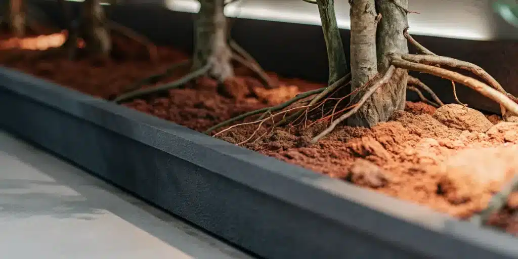 Exposed cannabis roots visible in a raised indoor garden bed with red soil.