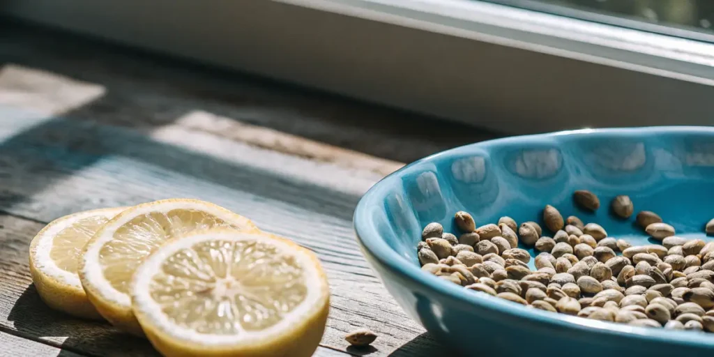 Feminized cannabis seeds in a blue bowl beside lemon slices.