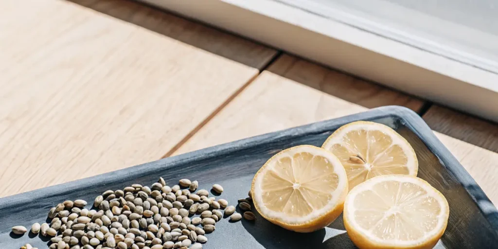 Feminized cannabis seeds beside sliced lemons on a wooden surface.