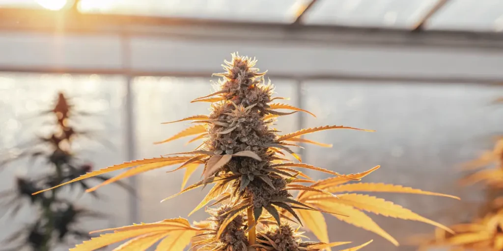 golden cannabis buds glowing under sunlight in greenhouse