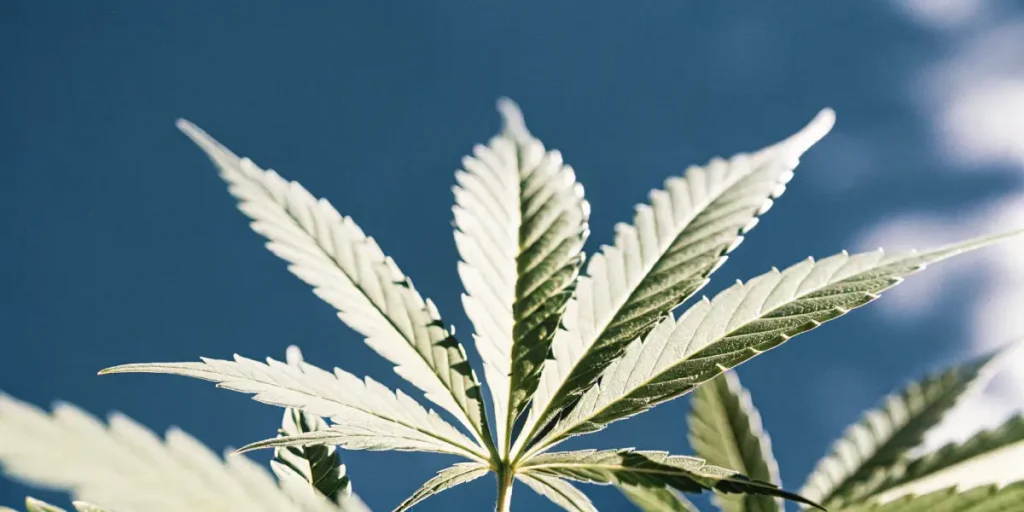 Green cannabis leaf under clear blue sky.