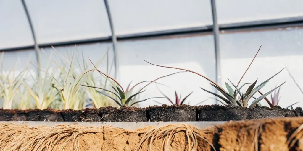Greenhouse soil cross-section with diverse plants growing in rows.