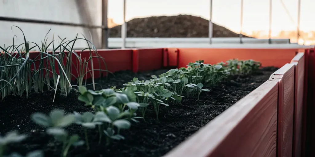 Rows of young vegetable seedlings growing in raised beds inside a greenhouse.