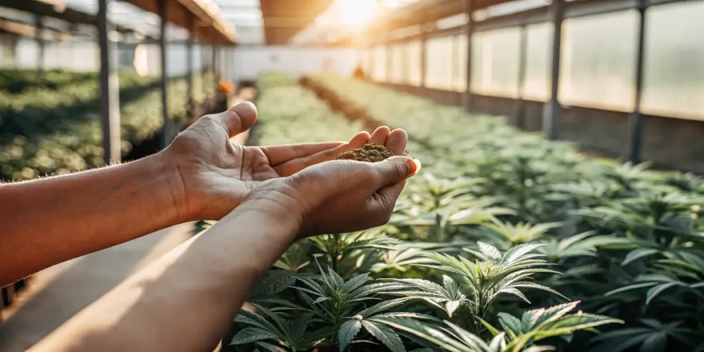 Hands holding cannabis soil in a greenhouse with young plants under sunlight.