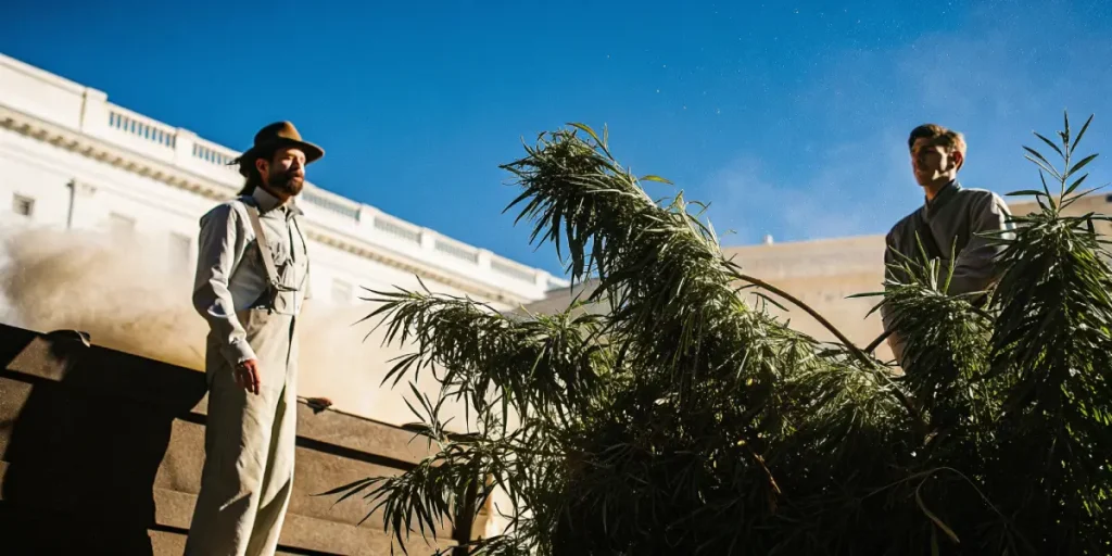 Travailleurs récoltant des plants de chanvre dans un champ en plein air sous un ciel bleu, utilisant des méthodes traditionnelles.