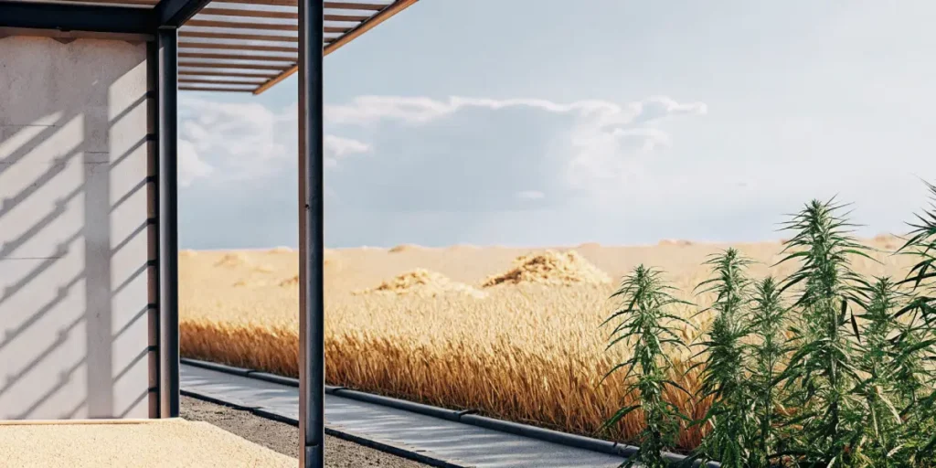 Hemp plants growing next to a golden wheat field near a modern farm structure on a bright day.