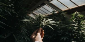 hand holding a cannabis branch inside a greenhouse during cultivation