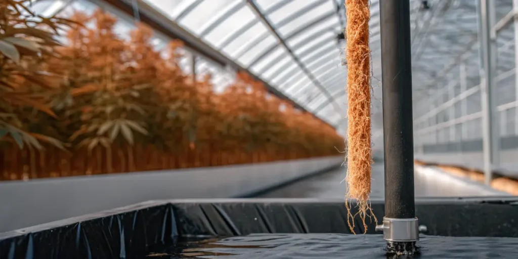 cannabis roots in hydroponic container inside greenhouse