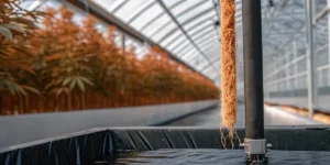 cannabis roots in hydroponic container inside greenhouse