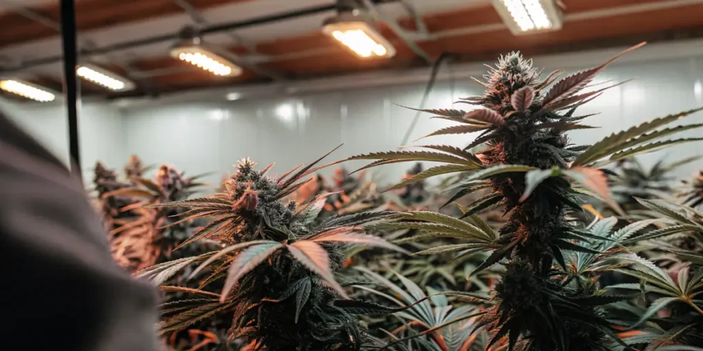 indoor cannabis plants flowering under LED grow lights