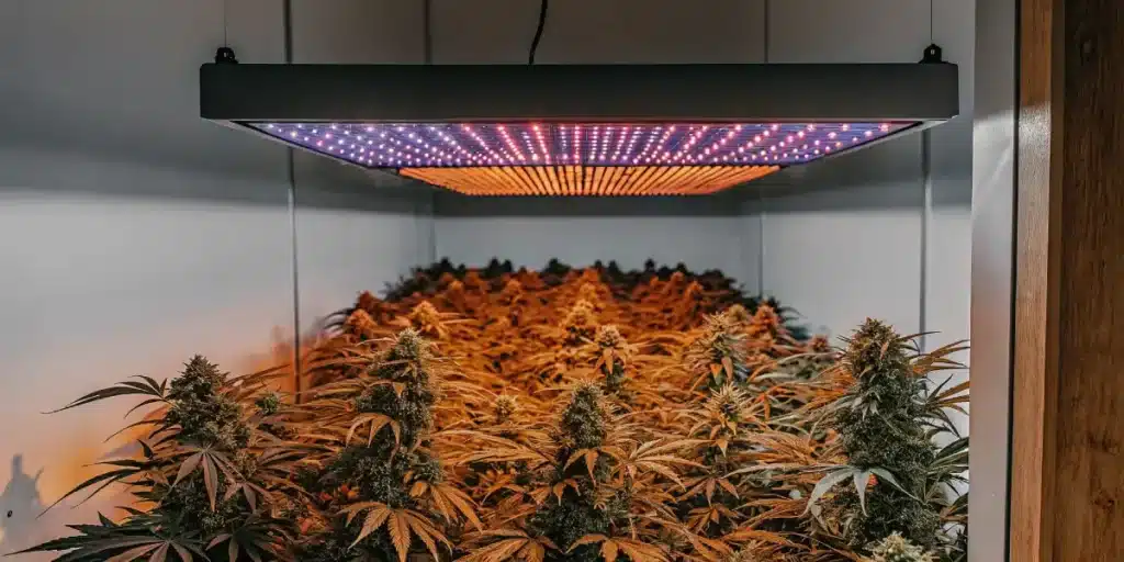 Indoor cannabis grow room with LED panel lights over flowering plants.