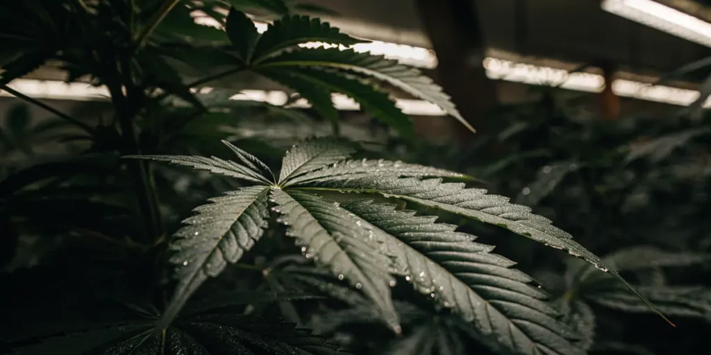 Indoor cannabis leaf covered in fine moisture under grow lights.