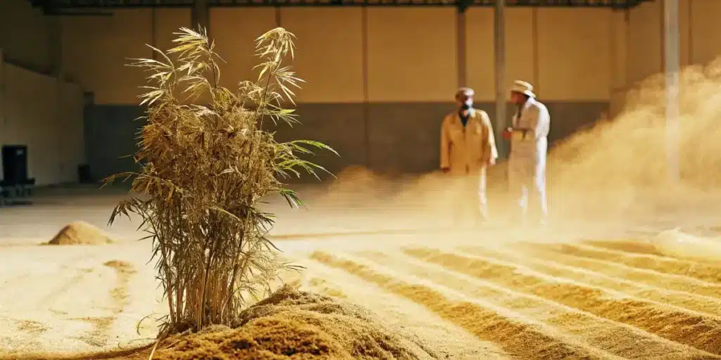 Processus de séchage et de transformation du chanvre dans un entrepôt, avec deux travailleurs observant les tas de chanvre au sol.