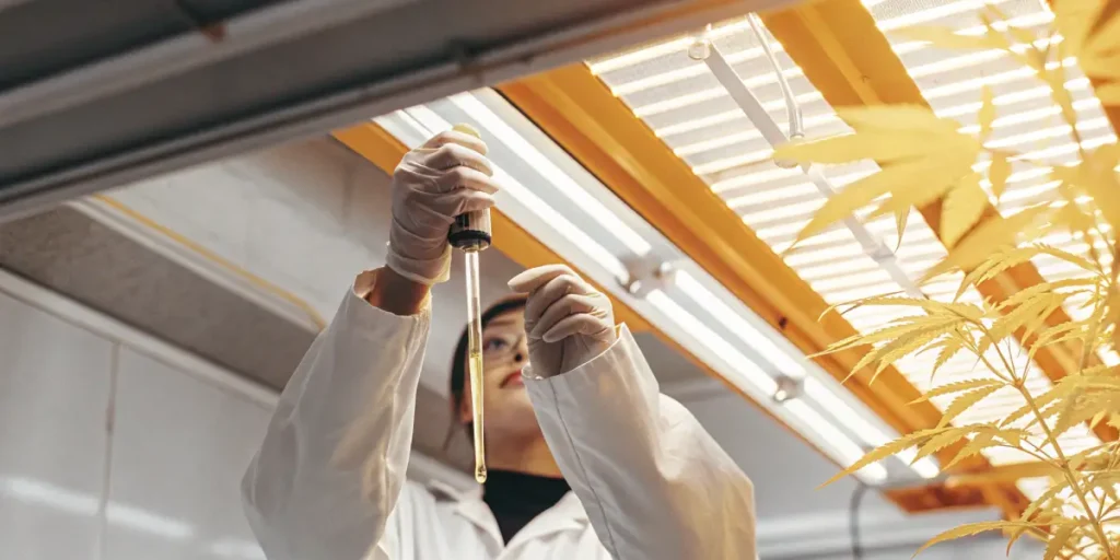 laboratory technician analyzing cannabis sample under LED grow lights
