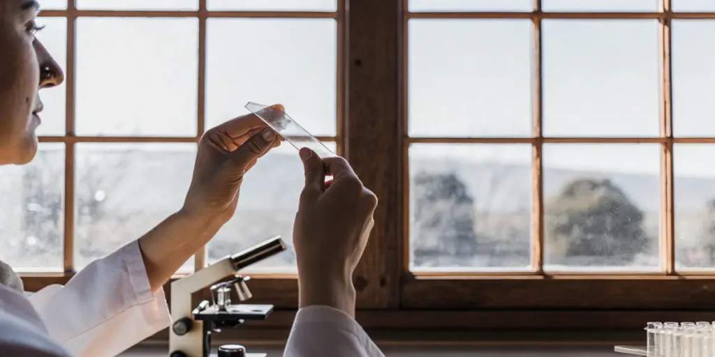 laboratory technician examining a microscope slide near window light